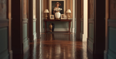 A long, elegant hallway featuring dark polished wood floors with a parquet inlay, light brown upper walls, and teal wainscoting. At the end of the hallway, a classic wooden console table is adorned with two gold table lamps, a large framed portrait, a white decorative vase with white flowers, and several smaller framed pictures, creating a sophisticated and dramatic hallway entrance.