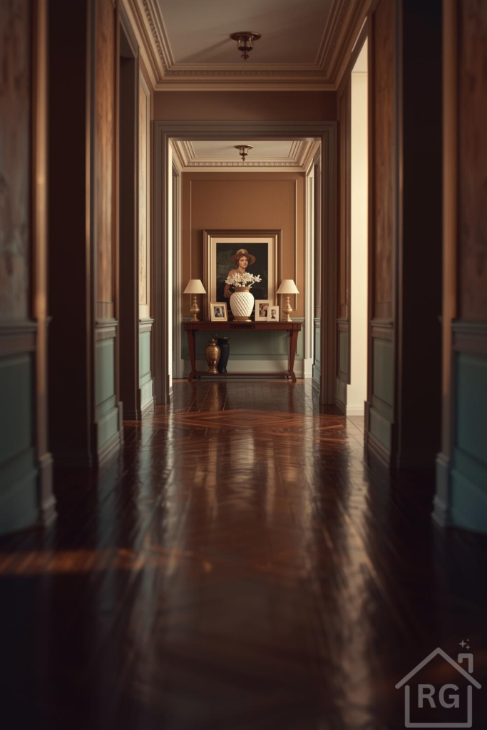 A long, elegant hallway featuring dark polished wood floors with a parquet inlay, light brown upper walls, and teal wainscoting. At the end of the hallway, a classic wooden console table is adorned with two gold table lamps, a large framed portrait, a white decorative vase with white flowers, and several smaller framed pictures, creating a sophisticated and dramatic hallway entrance.