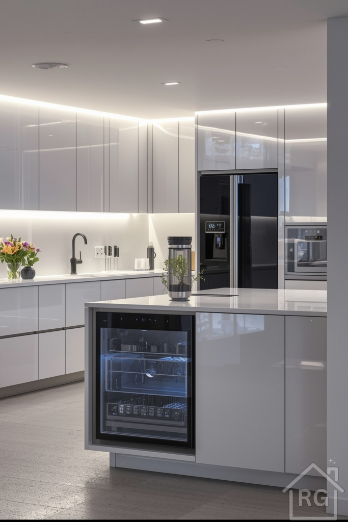 Glossy white handleless units, touchscreen smart fridge, and appliances.