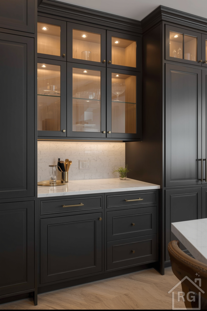 Charcoal base cabinets with glass upper modules, brass handles, backlit shelving, and warm oak flooring.