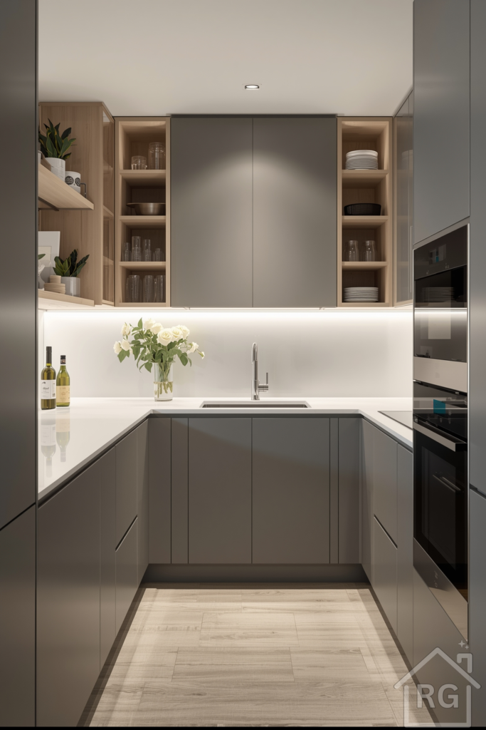 Matte dove gray U-shaped cabinets with a white island countertop and integrated undermount sink.
