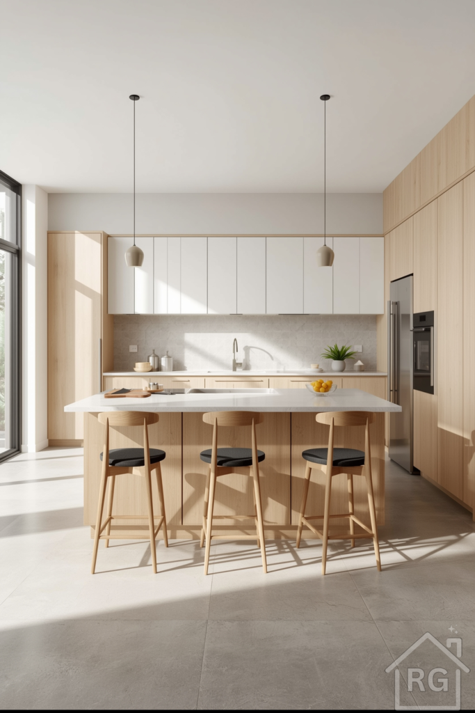 Light oak lower cabinets and matte white upper modules with a light quartz island under linear pendant lights.