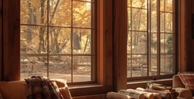 A cozy cabin living room bathed in golden autumn light, featuring large grid-paned windows overlooking a forest of yellow and orange trees. The room is furnished with a tan upholstered armchair, plaid throw blankets, a patterned area rug, and a stack of firewood, creating a warm and inviting atmosphere.