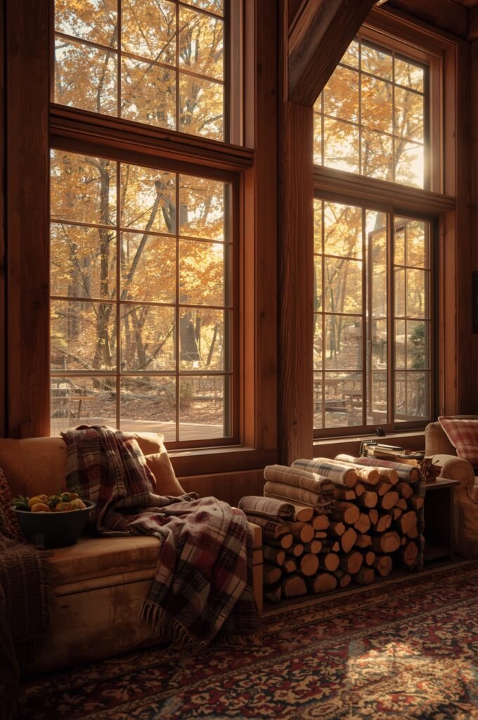 A cozy cabin living room bathed in golden autumn light, featuring large grid-paned windows overlooking a forest of yellow and orange trees. The room is furnished with a tan upholstered armchair, plaid throw blankets, a patterned area rug, and a stack of firewood, creating a warm and inviting atmosphere.