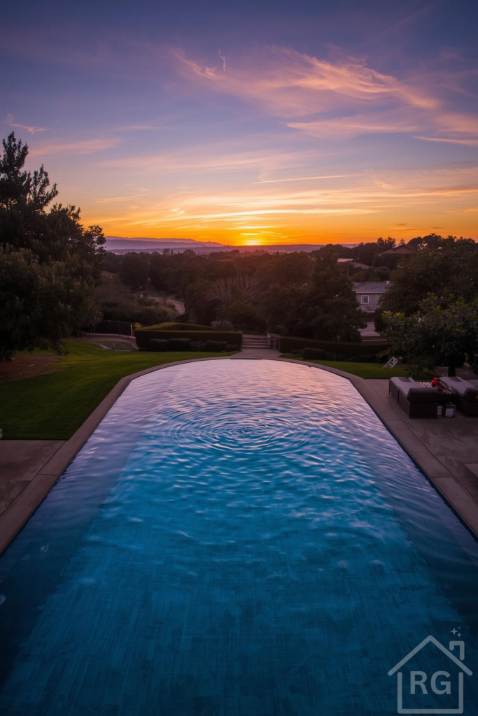 A stunning elevated view of an infinity pool at sunset, with vibrant orange and purple hues in the sky reflecting on the deep blue water. Lush green lawns and mature trees frame the pool, leading to distant hills and a picturesque landscape.