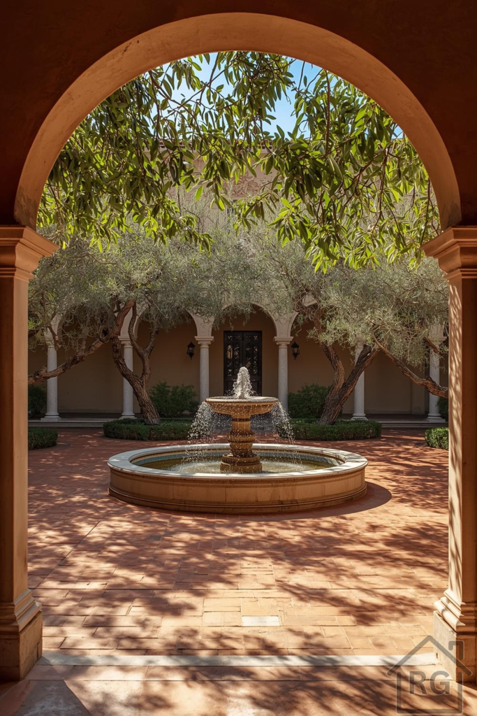 A sunny Mediterranean courtyard featuring a central tiered stone fountain, surrounded by mature olive trees and terracotta pavers. The scene is framed by an arched entryway, leading to a building with stucco walls and dark wooden doors.