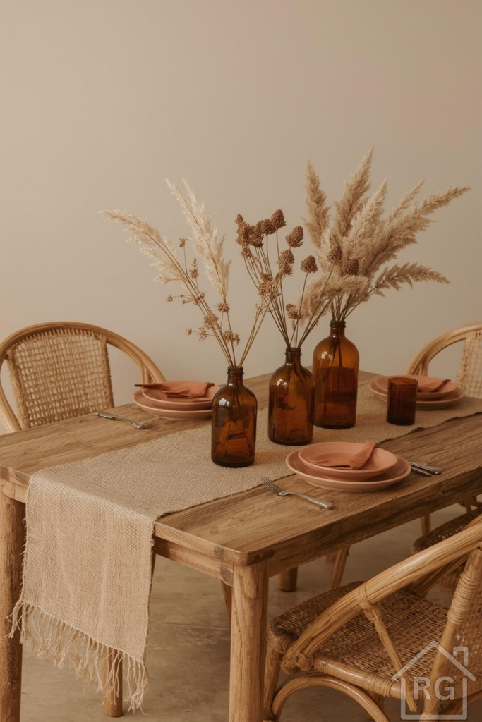 A minimalist dining room table set for fall, featuring a wooden table, rattan chairs, a burlap runner, and amber glass vases with dried pampas grass and botanicals. The table is adorned with terracotta-colored plates and linen napkins, creating a warm and inviting autumn aesthetic.