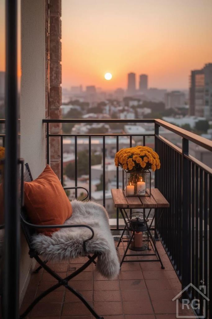 A cozy balcony at sunset, featuring a black metal chair with a light grey faux fur throw and an orange pillow. A small wooden table holds a vase of yellow chrysanthemums and two lit pillar candles, with a black lantern on the floor. The background shows a city skyline bathed in the warm glow of the setting sun.