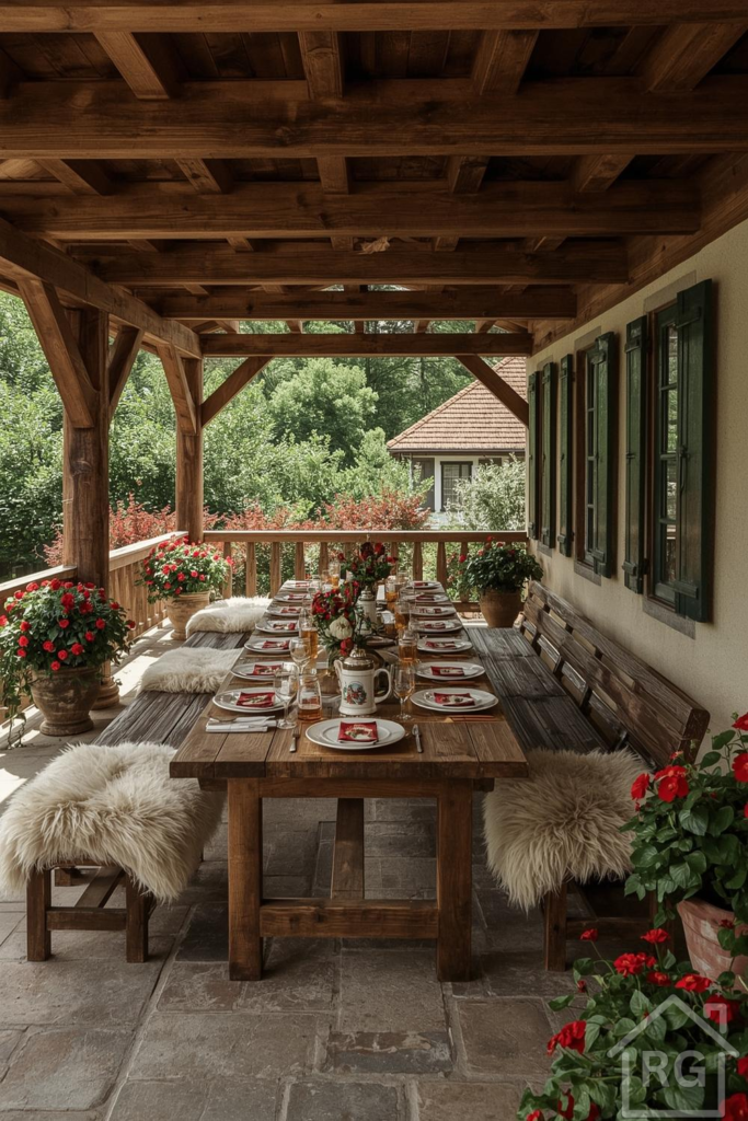 A rustic outdoor dining area featuring a long wooden table set for a meal, surrounded by wooden benches with sheepskin throws. Vibrant red flowers in terracotta pots line the stone patio, creating a warm and inviting atmosphere under a wooden pergola.