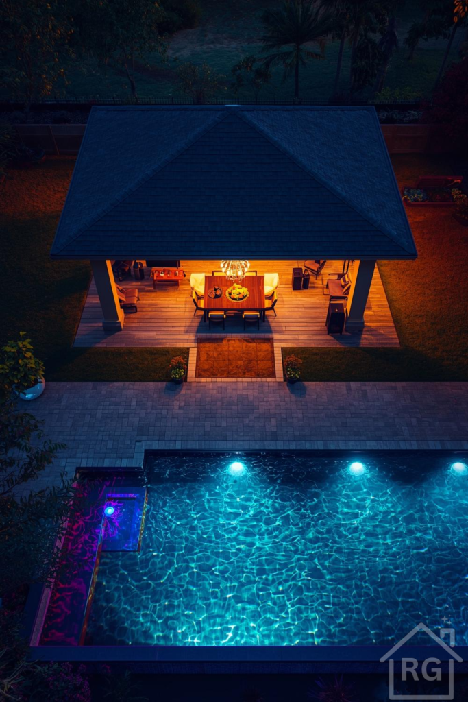 An aerial view of a luxurious outdoor living space at night, featuring a brightly lit wooden gazebo with dining and lounge furniture, adjacent to a large swimming pool with glowing blue underwater lights and a smaller section with purple lighting. The scene is surrounded by dark green foliage and paved pathways.