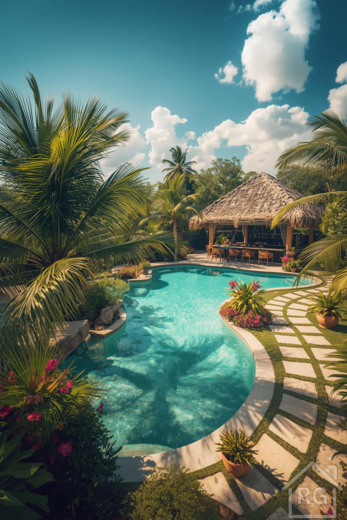 A vibrant tropical pool area featuring a freeform swimming pool with turquoise water, surrounded by lush green palm trees and flowering pink plants. In the background, a charming thatch-roof bar with wooden stools offers a perfect spot for relaxation and entertainment, complemented by a winding stone paver path through manicured grass.