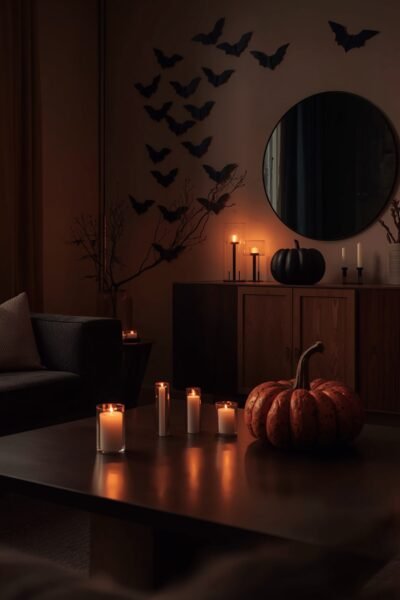 Candlelit living room with warm amber glow: black paper bats climb the wall beside a round mirror, matte-black pumpkin on a sideboard, candles and a pumpkin on the coffee table, cozy moody decor.