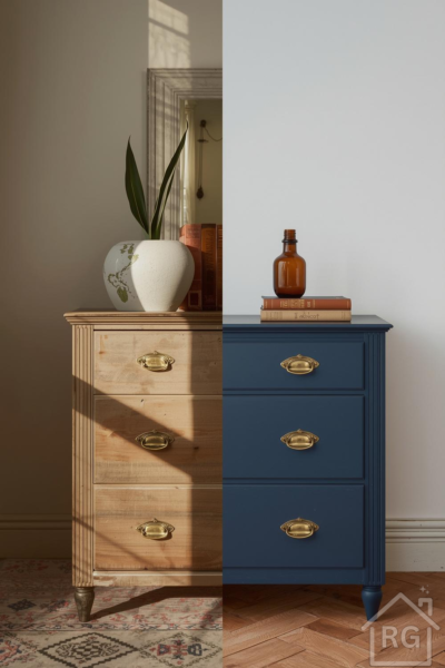 A split image showing a wooden dresser before and after a DIY restoration. The left side features a natural wood dresser with brass pulls, while the right side shows the same dresser painted a rich navy blue, also with brass pulls.
