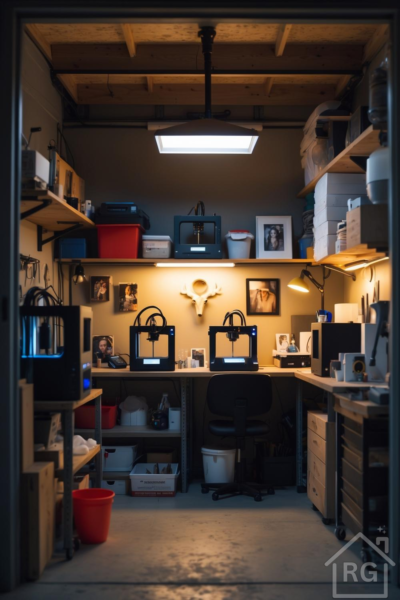 A well-organized 3D printing studio set up in a garage bay, featuring multiple 3D printers, wooden shelves, and bright task lighting. The space is designed for efficiency and creativity, showcasing a functional maker's workshop.