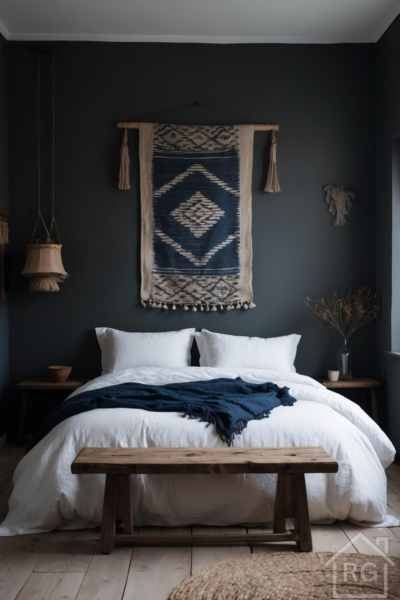 A dark boho bedroom featuring a bed with white linen bedding and a navy blue throw, flanked by wooden nightstands. A large woven tapestry hangs above the bed, and a driftwood bench sits at the foot, creating a serene and natural aesthetic.